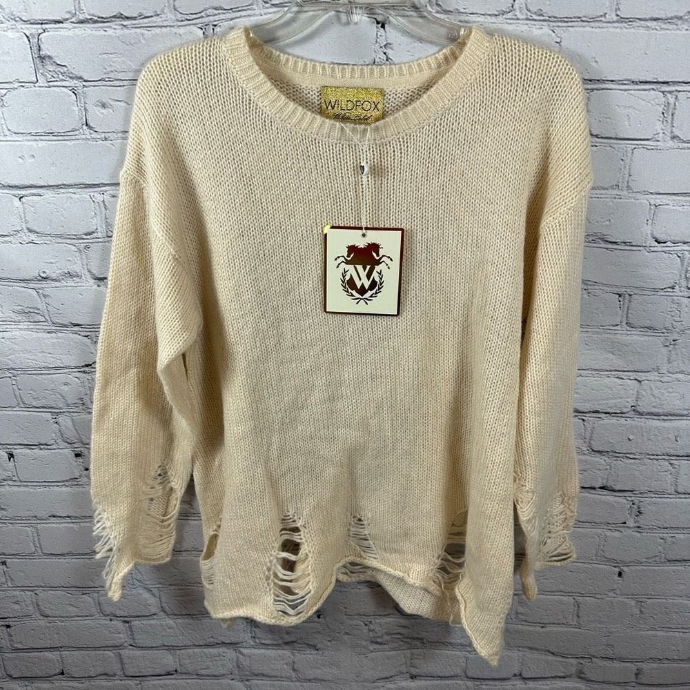 Wildfox Couture White Label Sweater Distressed Acrylic Crewneck Cream XS NWT